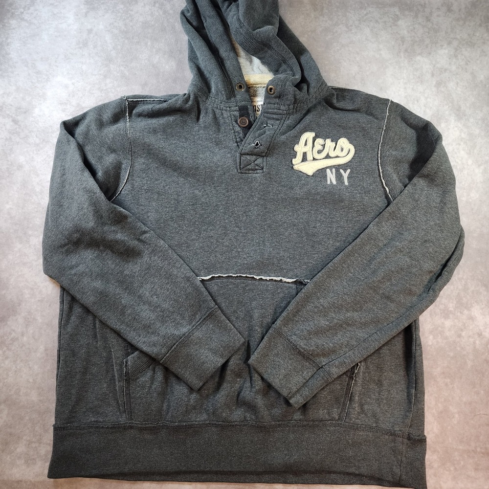 Aeropostale XXL Charcoal Aero NY Hoodie Distressed Varsity Pullover Y2K